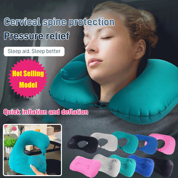 🚄Inflatable U-shaped Travel Pillow (Press Type) - Pump Included (30s Inflation) + Compact and Portable: Comfortable During Train/Car Travel!