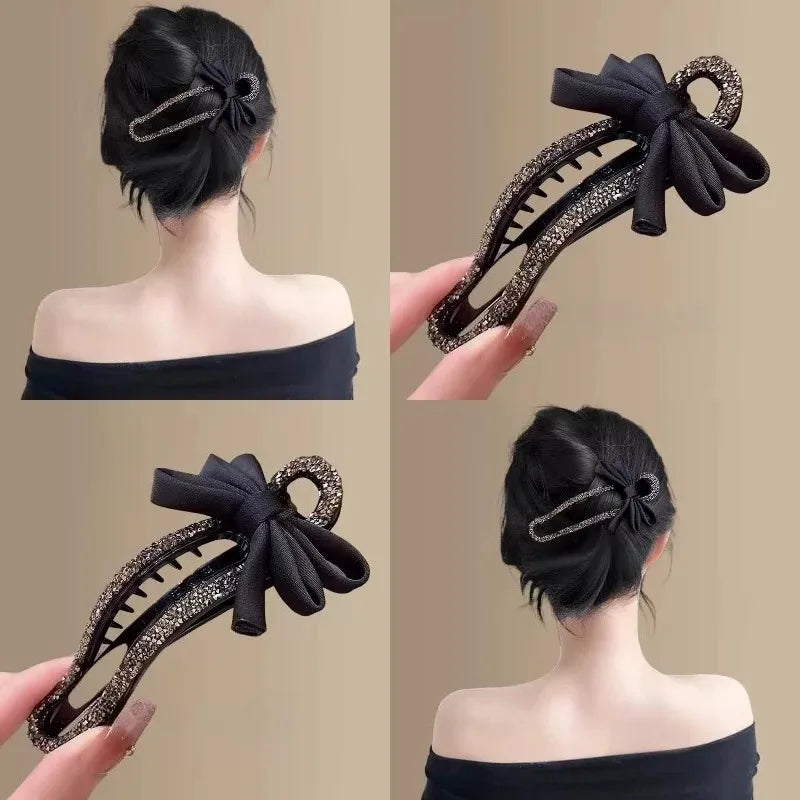 Sparkling Elegant Black Bow Hair Clip for Updos